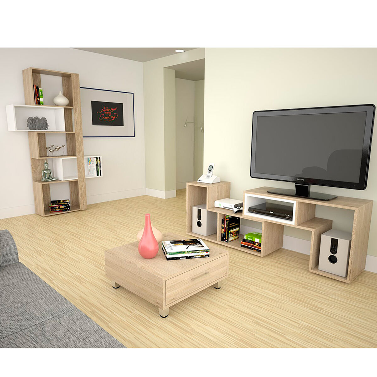 Rack TV Extensible + Biblioteca + Mesa de Centro TuHome