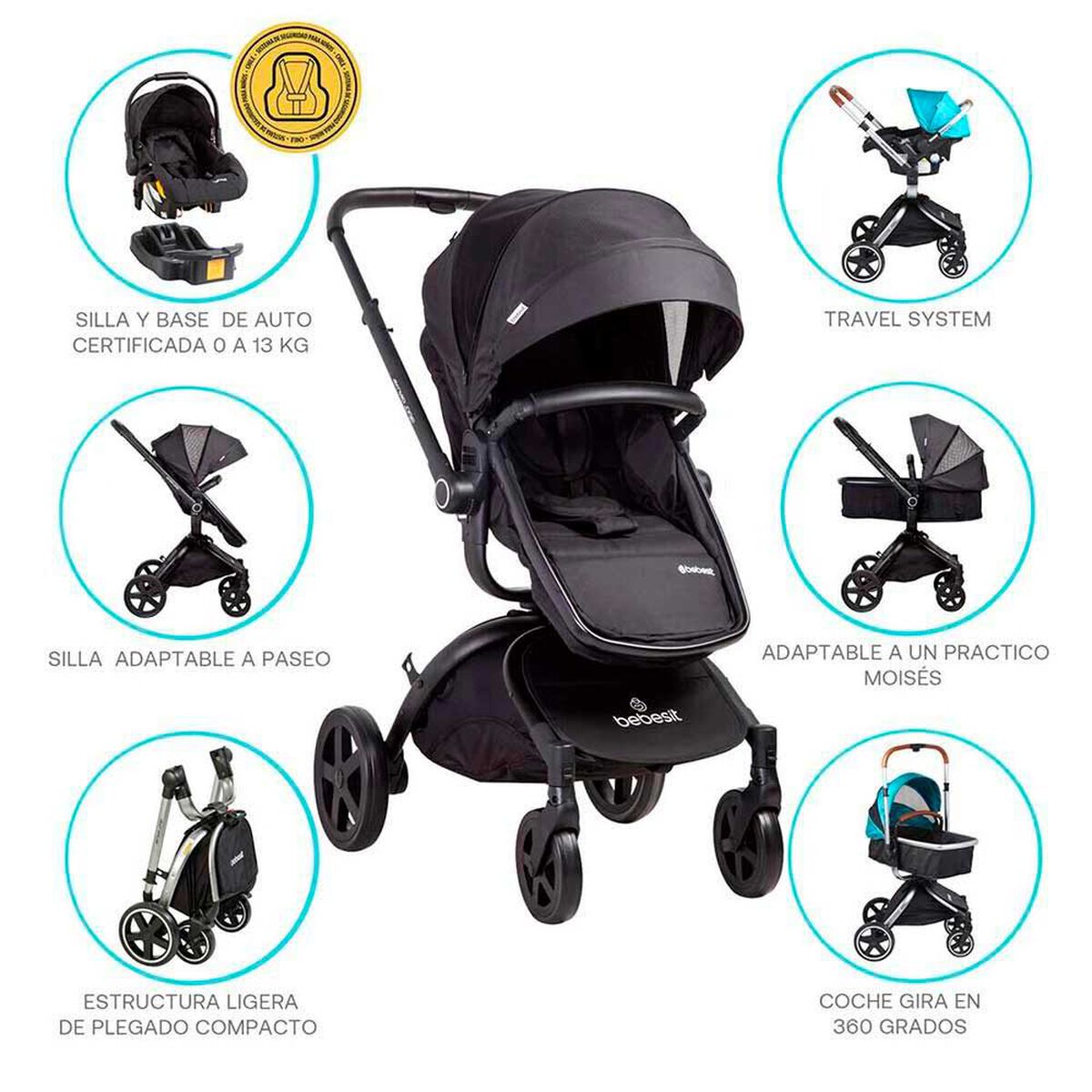 Coche Cuna Travel System Bebe Deluxe 360&deg; con Base Negro Bebesit