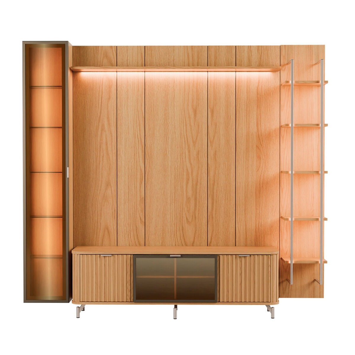 Rack TV 70" + Panel Neon Float Led + Vitrina + Repisas Decocasa Carvalho