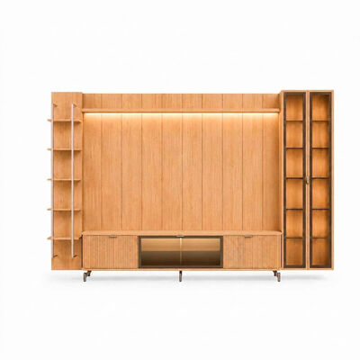 Rack TV 75" + Panel Neon Float LED + Vitrina 2 Puertas + Repisas Decocasa Carvalho