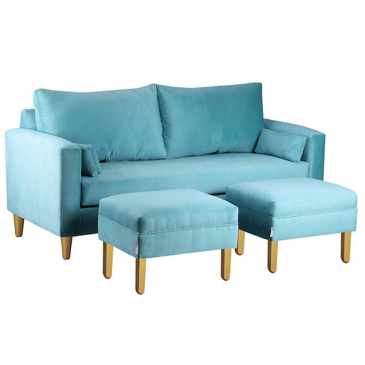 Juego de Living Bodevir Sky Felpa 01 Sofá 3 Cuerpos + Dos Pouf 1 Cuerpo Turquesa 