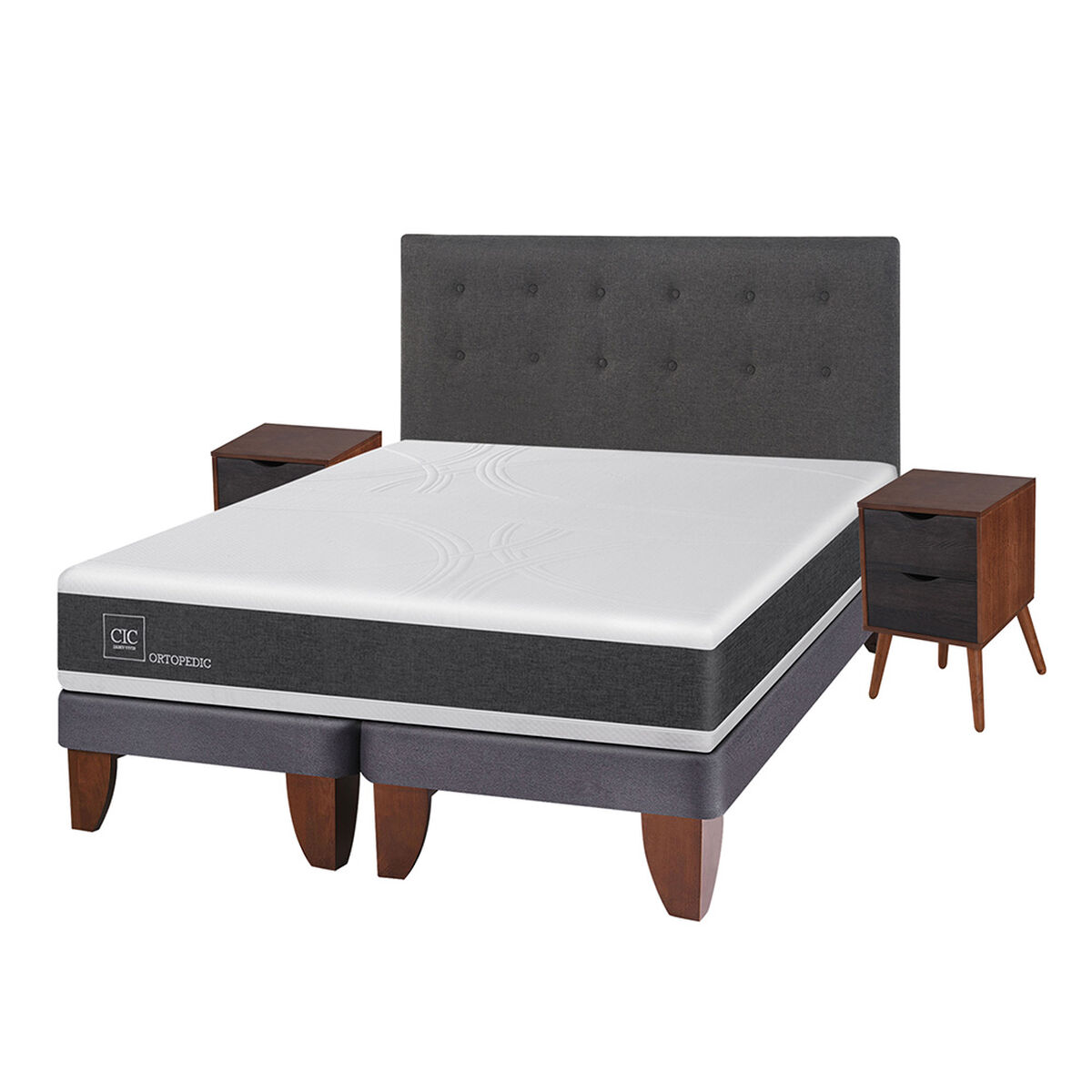 Cama Europea CIC 2 Plazas  Ortopedic + Respaldo + 2 Veladores Eufrates