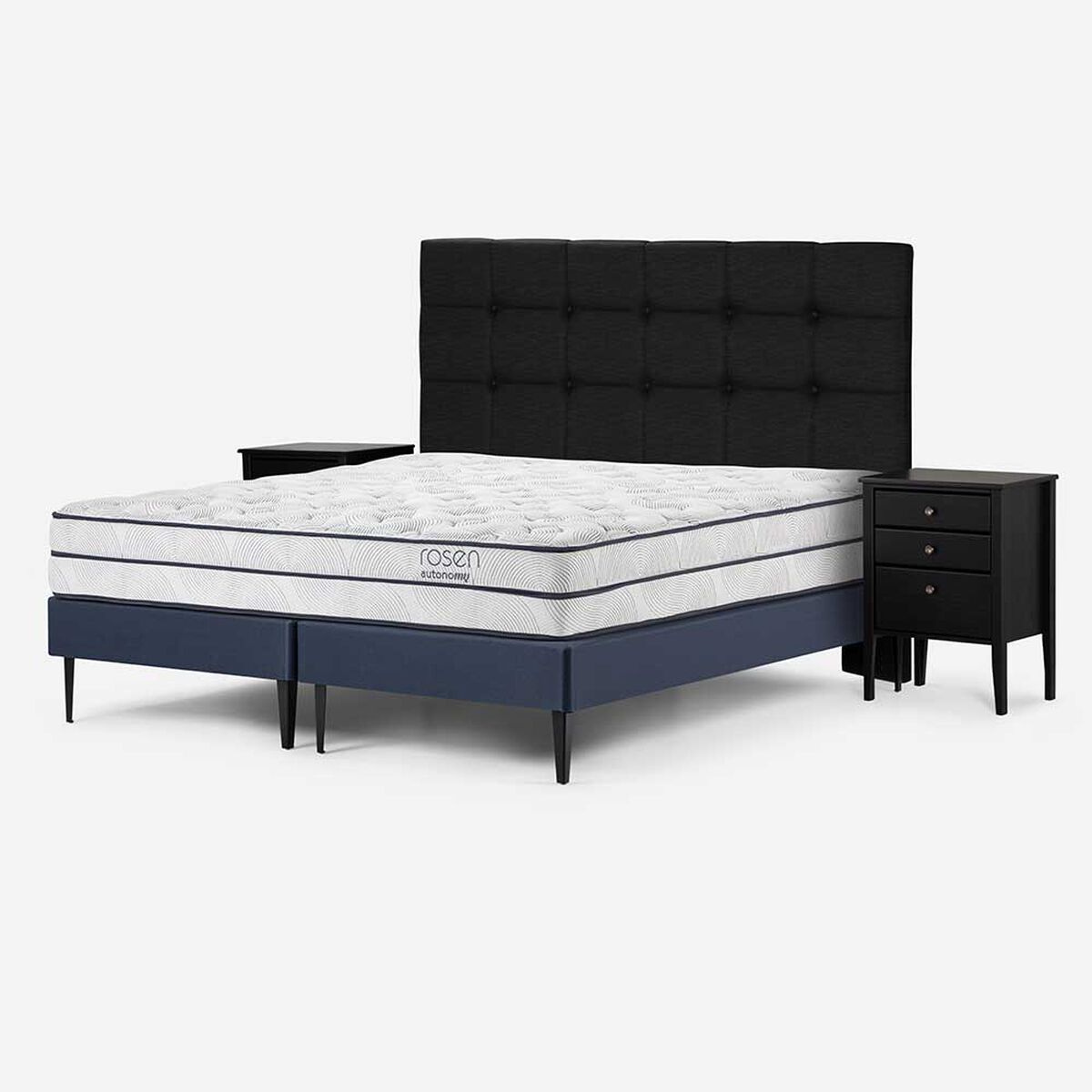 Cama Europea Rosen Base Dividida King Autonomy + Respaldo + 2 Veladores Issey Grafito