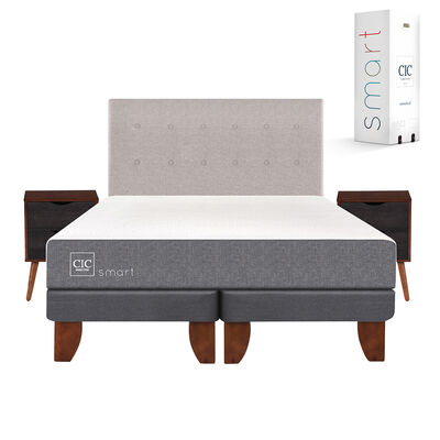 Cama Europea CIC Base Dividida 2 Plazas Smart + Respaldo + 2 Veladores Tigris