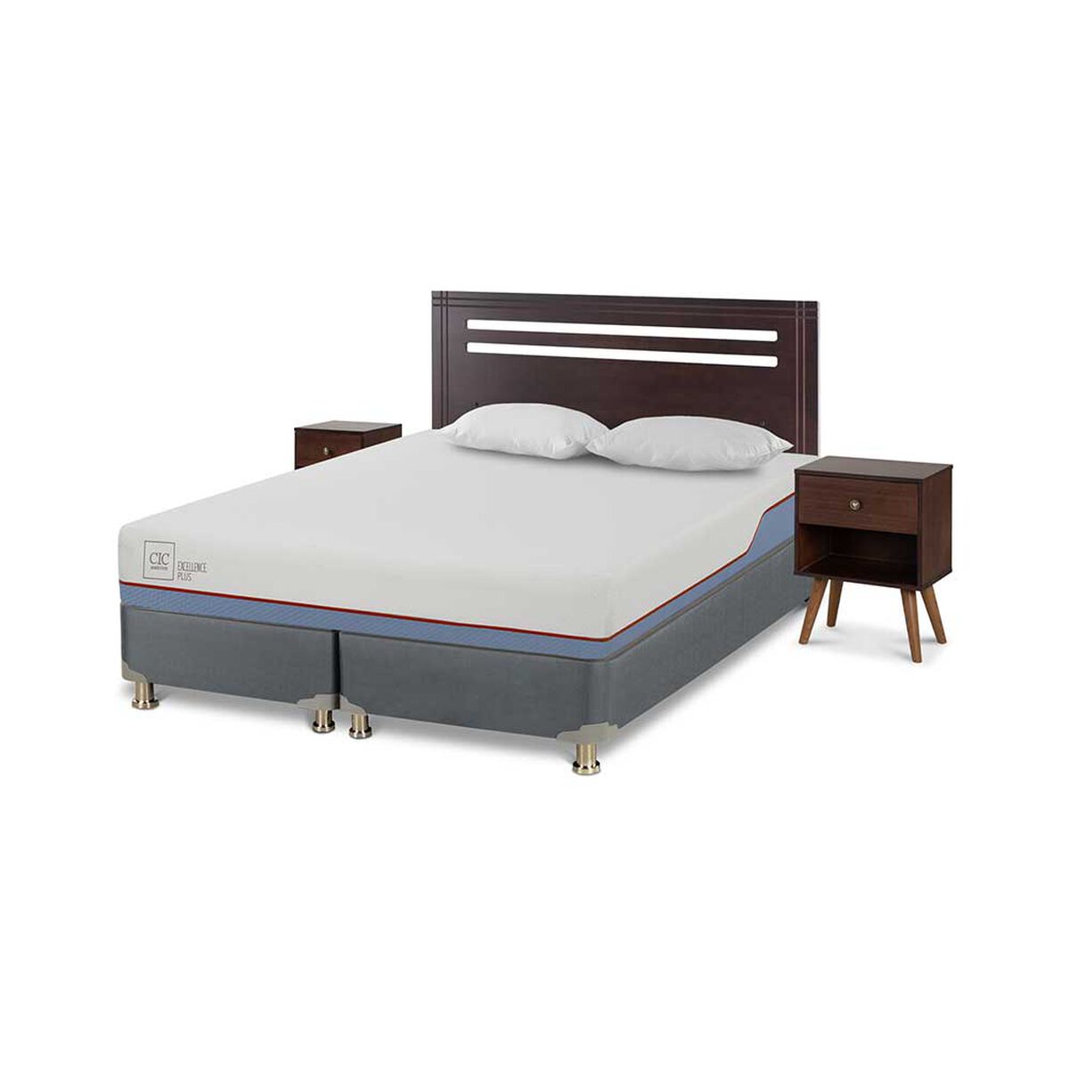 Cama Americana CIC Base Dividida 2 Plazas Excellence Plus + Respaldo + 2 Veladores Munich