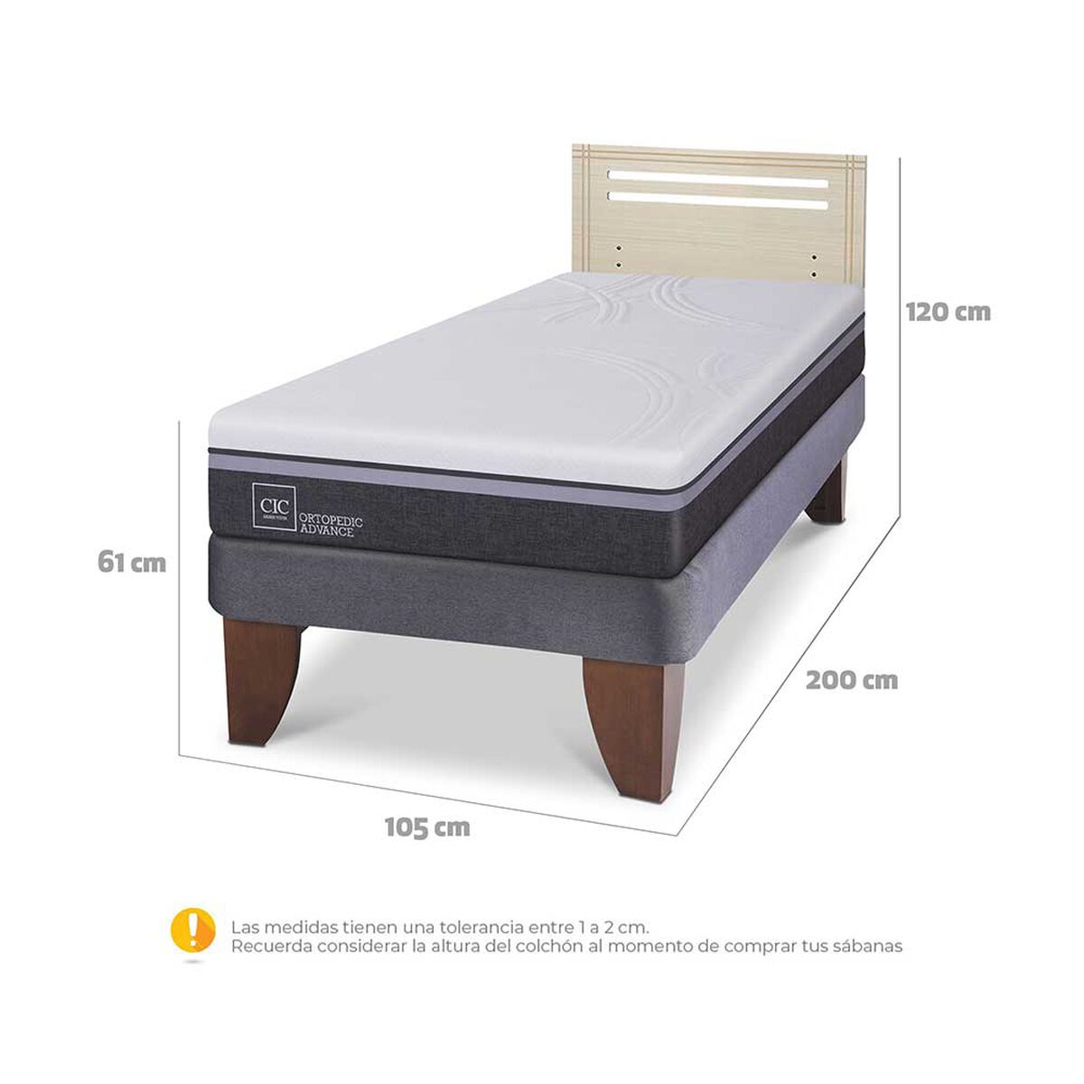 Cama Europea CIC 1,5 Plazas Ortopedic Advance + Respaldo Munich Alpino