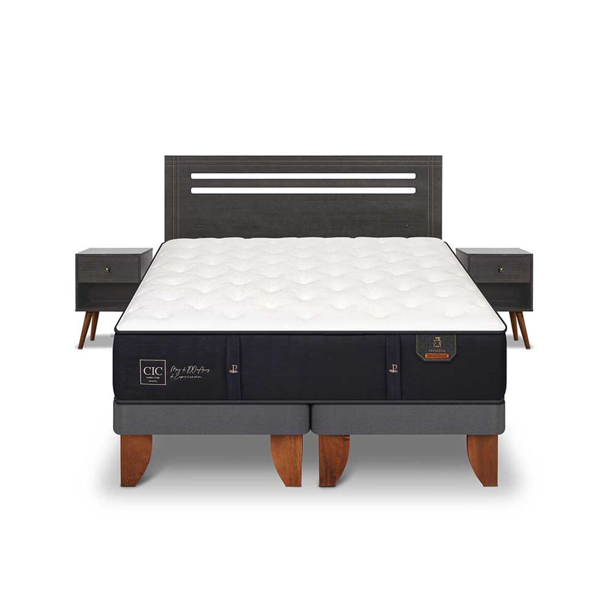 Cama Europea CIC Base Dividida 2 Plazas Premium + Respaldo + 2 Veladores Munich