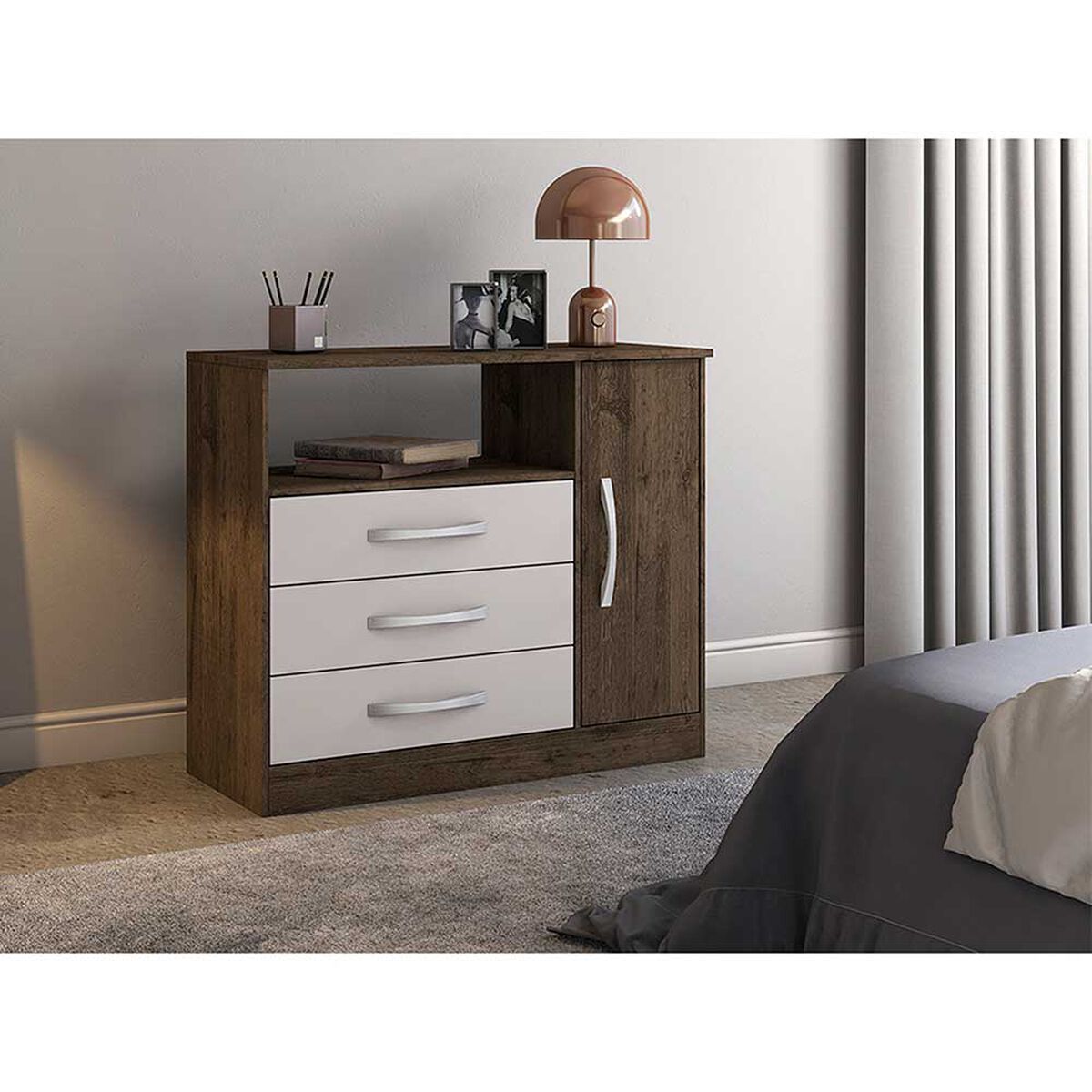 Cómoda Home Mobili Maxis 3 Cajones 1 Puerta Blanco Café