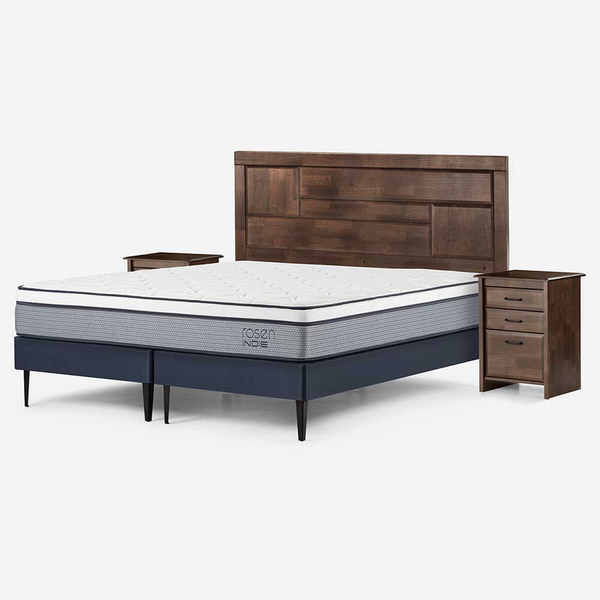 Cama Europea Rosen Base Dividida King Indie + Respaldo + 2 Veladores Dolce