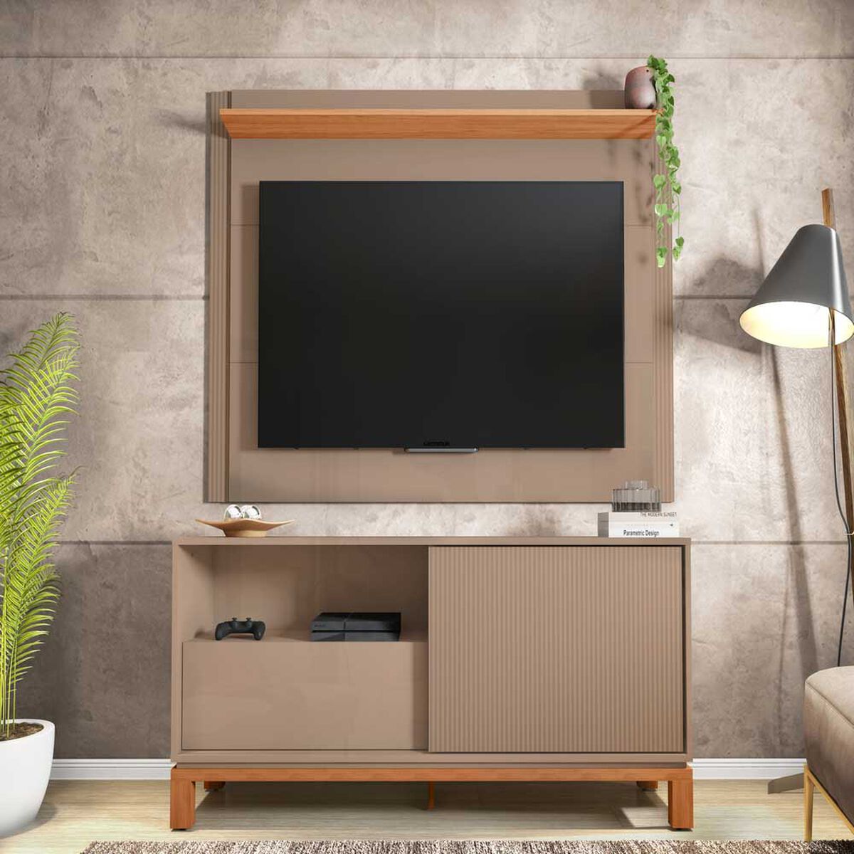 Set Panel + Rack 1.5 + Vitrina Decocasa Mondrian Gris-Casta&ntilde;o