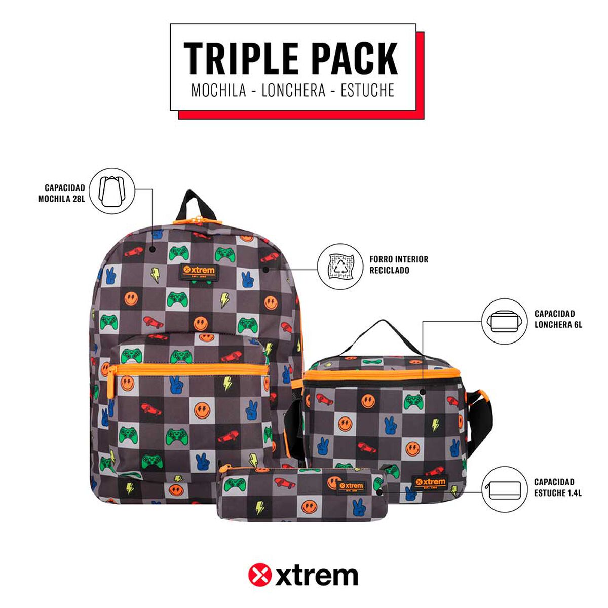 Triple Pack 5XT Mochila Niño Xtrem Gamer Negro