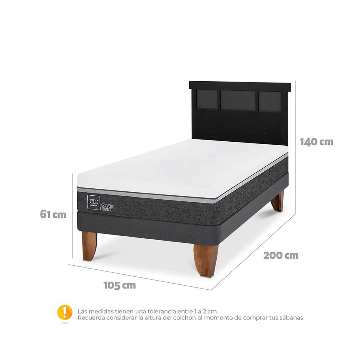 Cama Europea CIC 1,5 Plazas Ortopedic Advance + Respaldo Dublin Negro