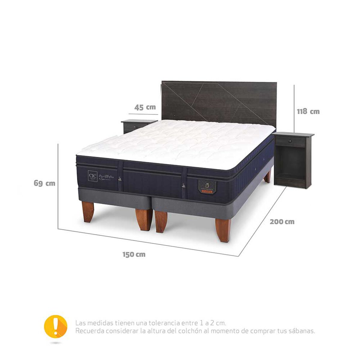 Cama Europea CIC Base Dividida 2 Plazas Súper Premium + Respaldo + 2 Veladores Villarrica