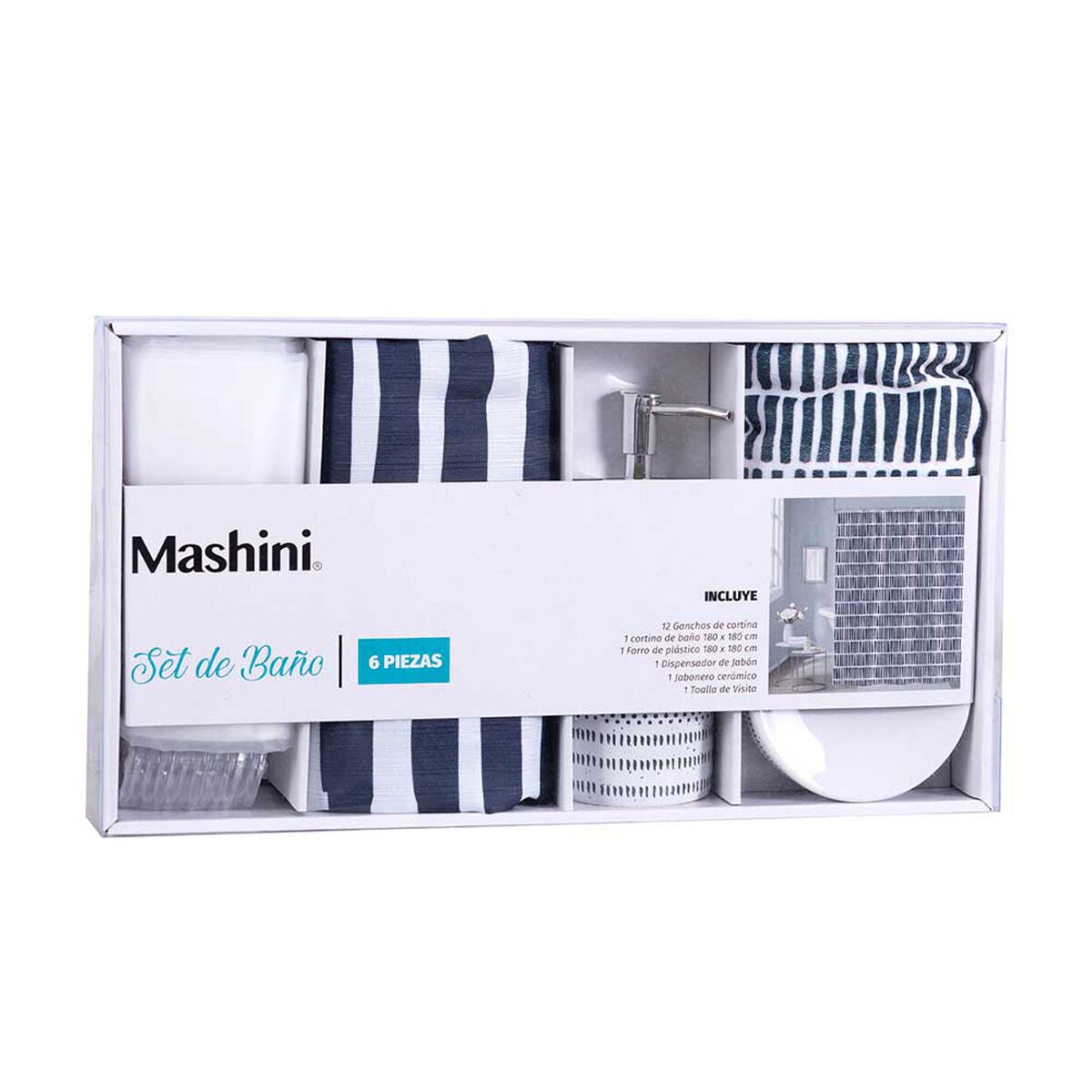 Set Cortina de Baño 6 Piezas Mashini Elqui Multicolor