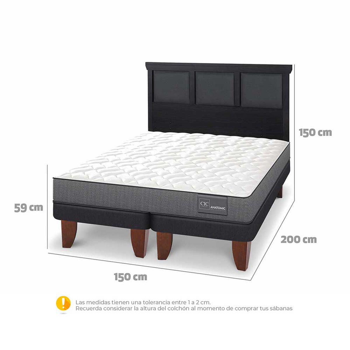 Cama Europea CIC Base Dividida 2 Plazas Anatomic + Respaldo Torino Negro