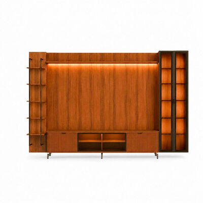 Rack TV 75" + Panel Neon Float LED + Vitrina 2 Puertas + Repisas Decocasa Canela