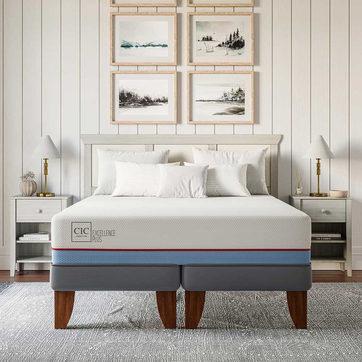 Cama Europea CIC Base Dividida 2 Plazas Excellence Plus + Respaldo Dublin Mostaza