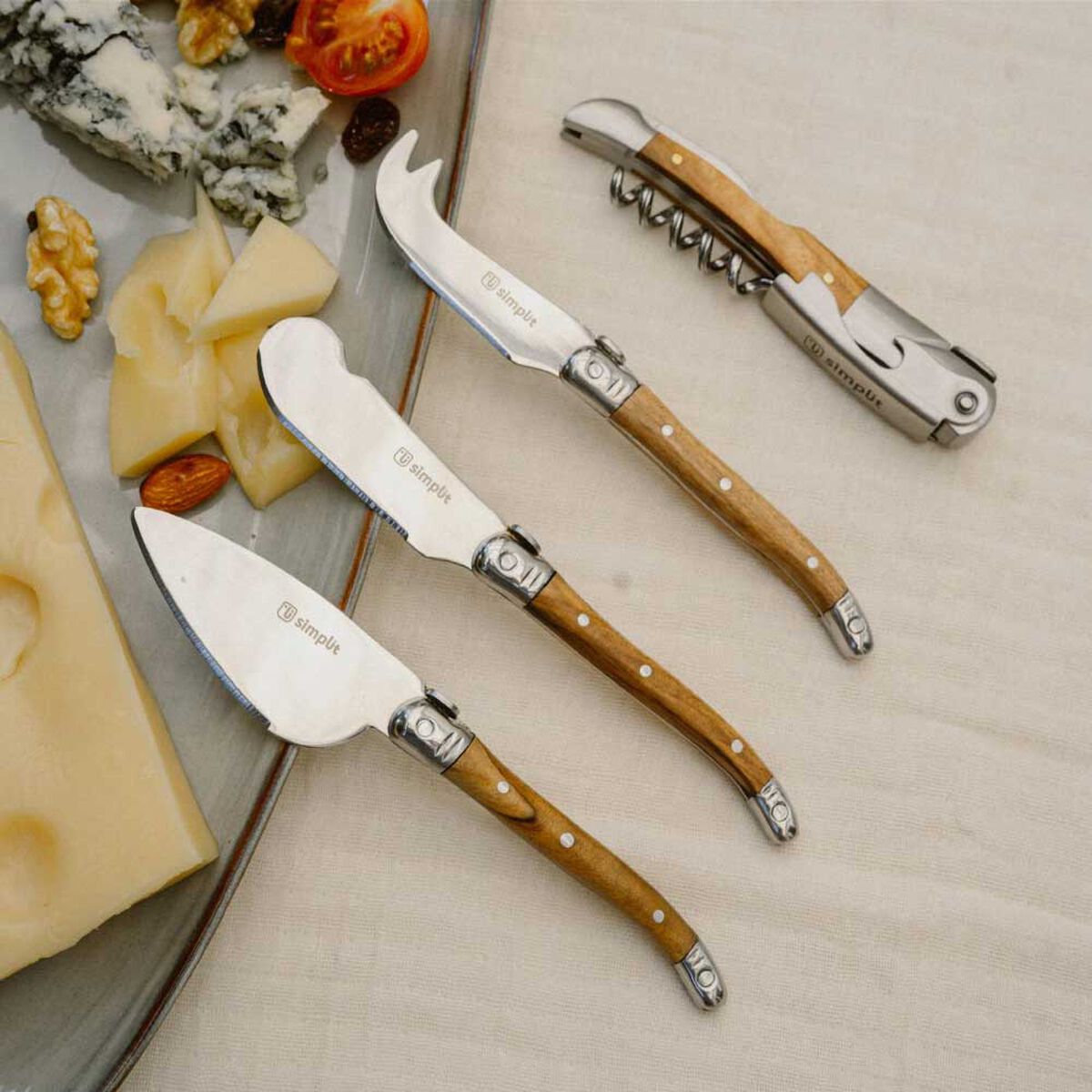 Set 4 Cuchillos para Queso Simplit Provenza Madera Acero Inoxidable Café