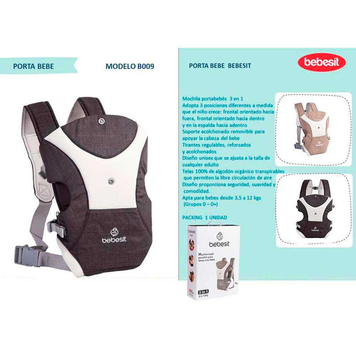 Porta Bebe 3 Posiciones en 1 Khaki Bebesit