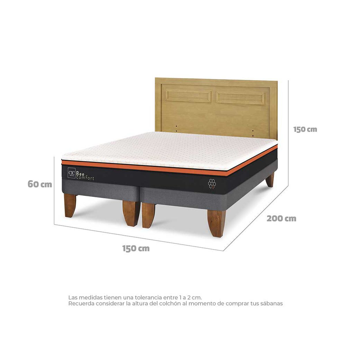 Cama Europea CIC Base Dividida 2 Plazas Beecomfort + Respaldo Milan Mostaza