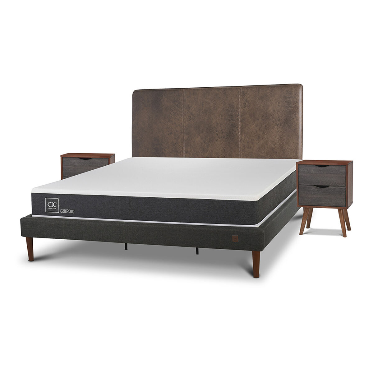 Cama Europea CIC King New Ortopedic + Respaldo Baker + 2 Veladores