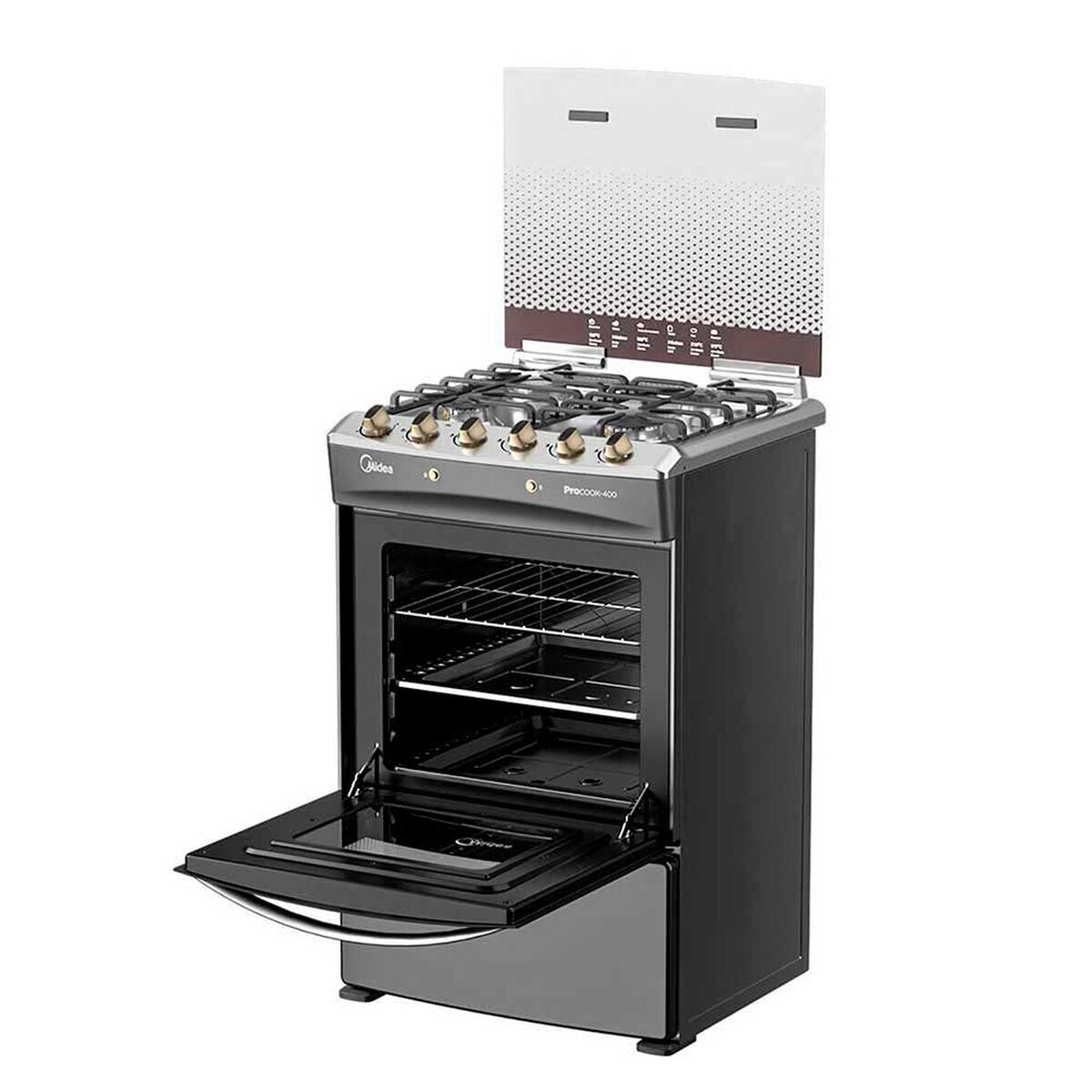 Combo Cocina a Gas Midea MCG-4QPI24NSCG 4 Quemadores + Set 5 Cuchillos + Pelador Zibel LK-NK73 Negro + Set 6 Utensilios de Cocina Casanova T4043-3A Negro