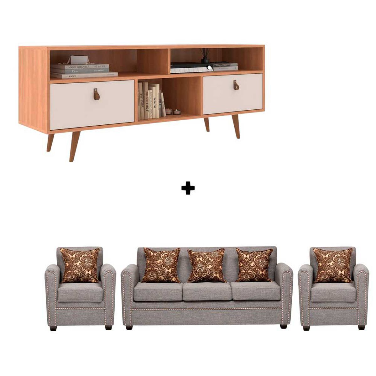Rack Almore Alemania Freijoy ff White y Gris Hasta 55" + Juego de Living 3-1-1