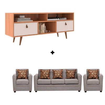 Rack Almore Alemania Freijoy ff White y Gris Hasta 55" + Juego de Living 3-1-1