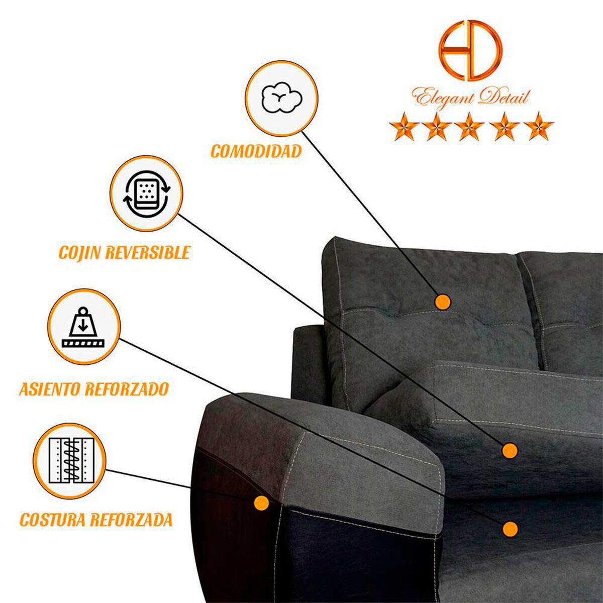 Seccional Derecho Elegant Houston Cheise Tela/PU 5 Cuerpos Gris