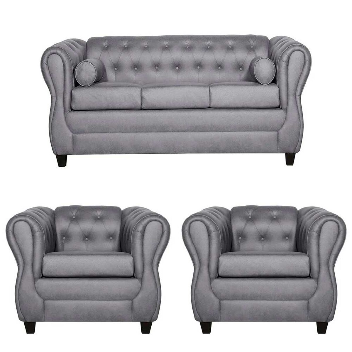 Juego de Living Ruzam Mobel Chesterfield Sof&aacute; 3 Cuerpos + Dos Sillones 1 Cuerpo PU Gris