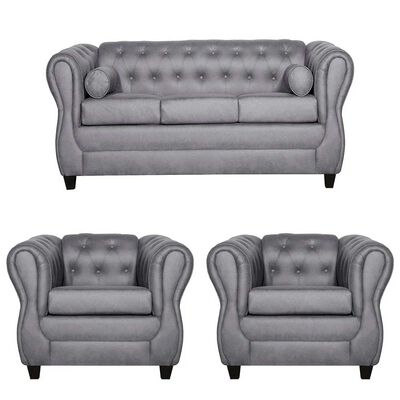 Juego de Living Ruzam Mobel Chesterfield Sofá 3 Cuerpos + Dos Sillones 1 Cuerpo PU Gris