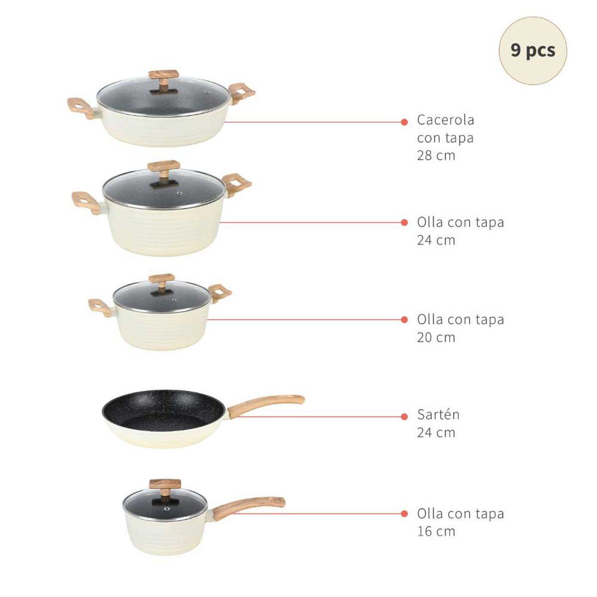 Batería de Cocina Aluminio Forjado Simplit 9 Piezas Crema + Set 12 Utensilios Calipso