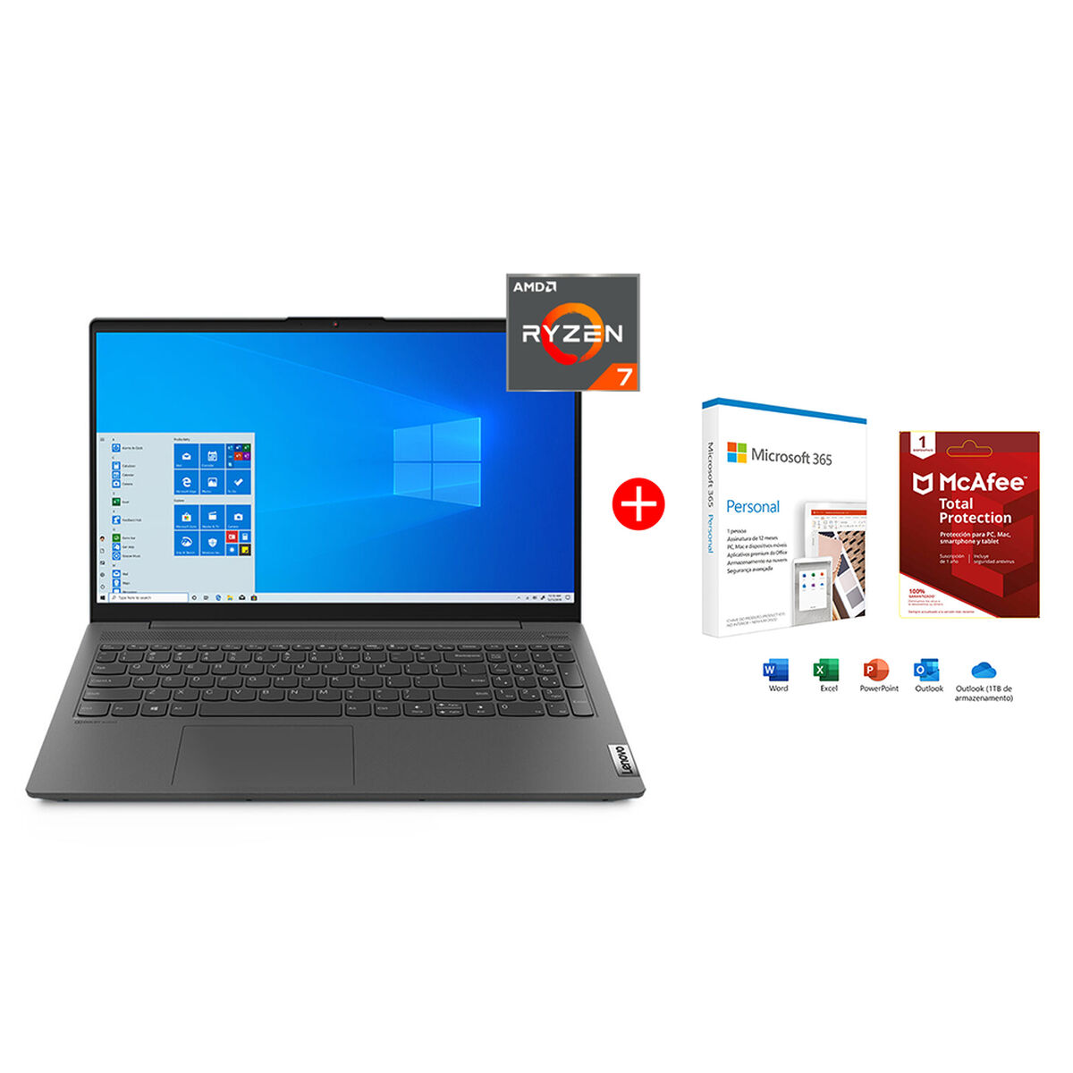 Combo Notebook Lenovo IdeaPad 5 Ryzen 7 8GB 512GB SSD 15,6" + Microsoft Office 365 Personal Suscripción 1 Año + McAfee Protección Total 1 Año