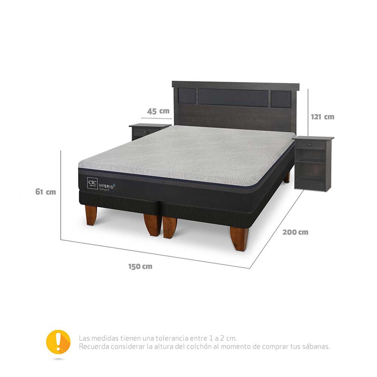 Cama Europea CIC Base Dividida 2 Plazas Hybrid Plus Infinity + Respaldo + 2 Veladores Dublin