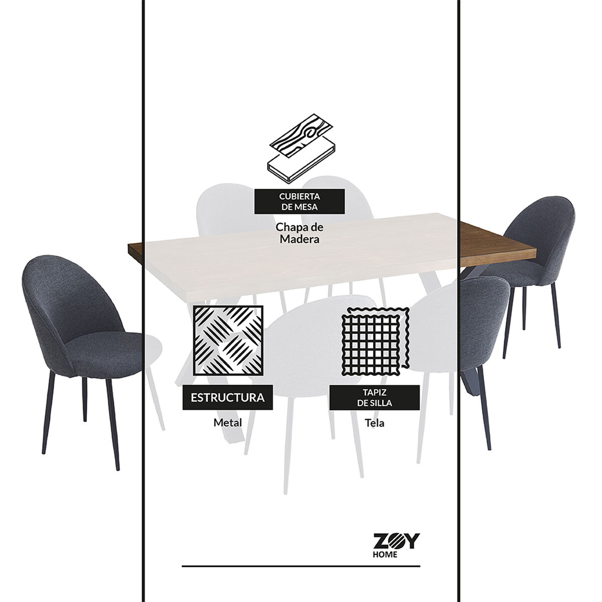 Juego de Comedor Zoy Home Lombok 6 Sillas Grafito
