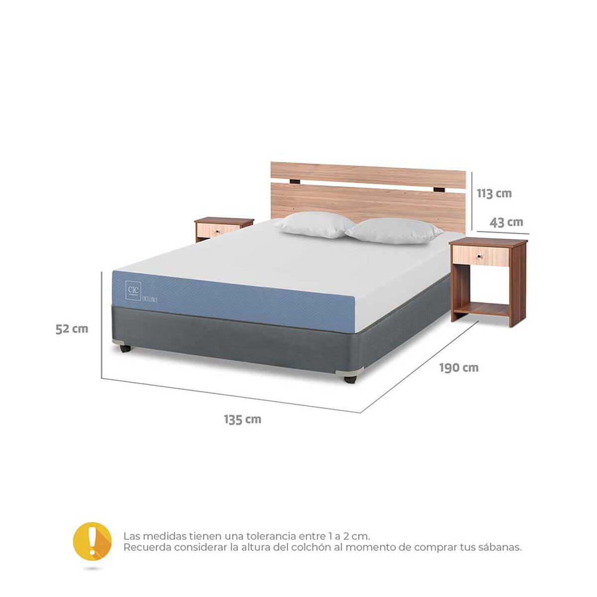 Cama Americana CIC Full Excellence + Respaldo + 2 Veladores Olmo + Almohadas