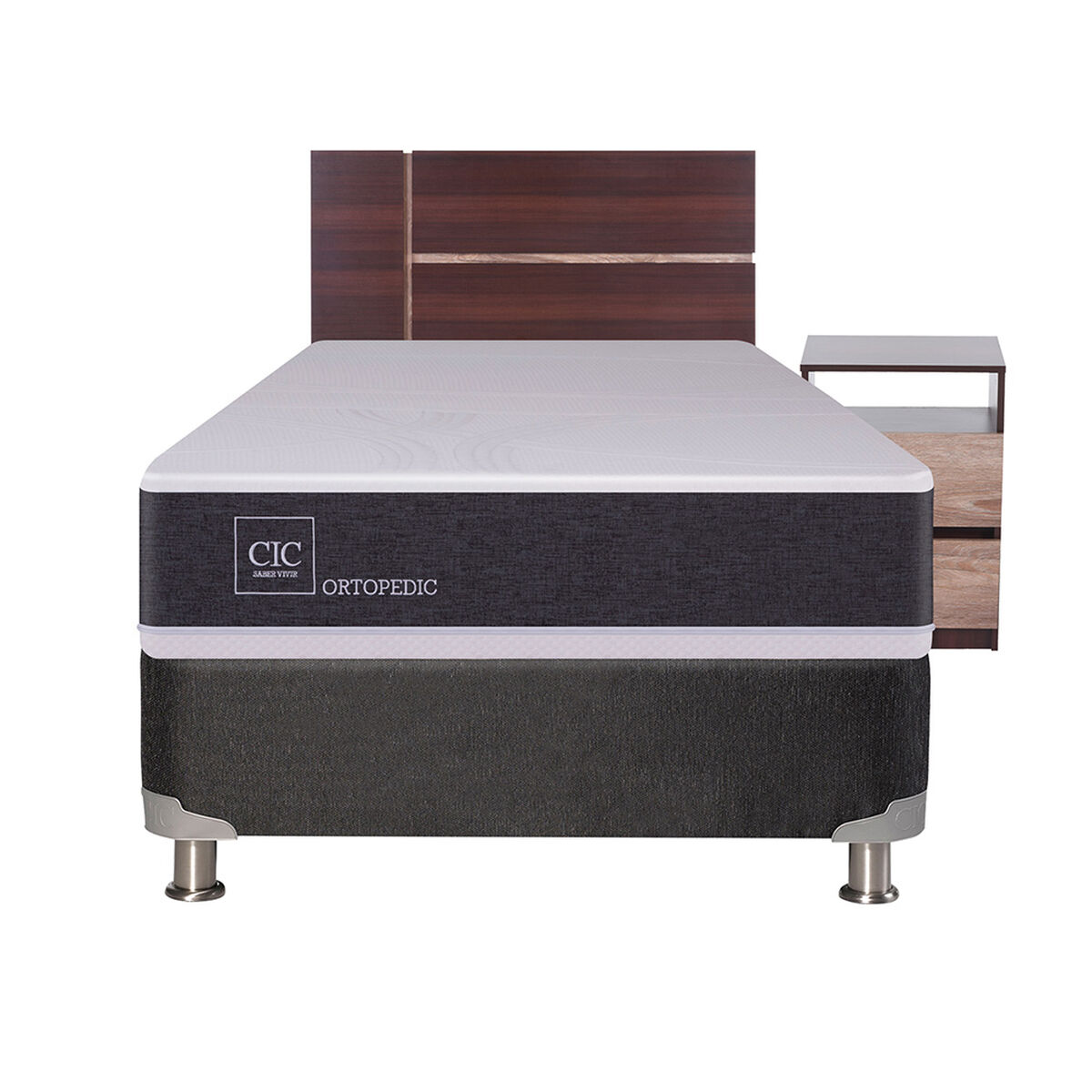 Box Spring CIC 1,5 Plazas Ortopedic Advance + Respaldo + 2 Veladores