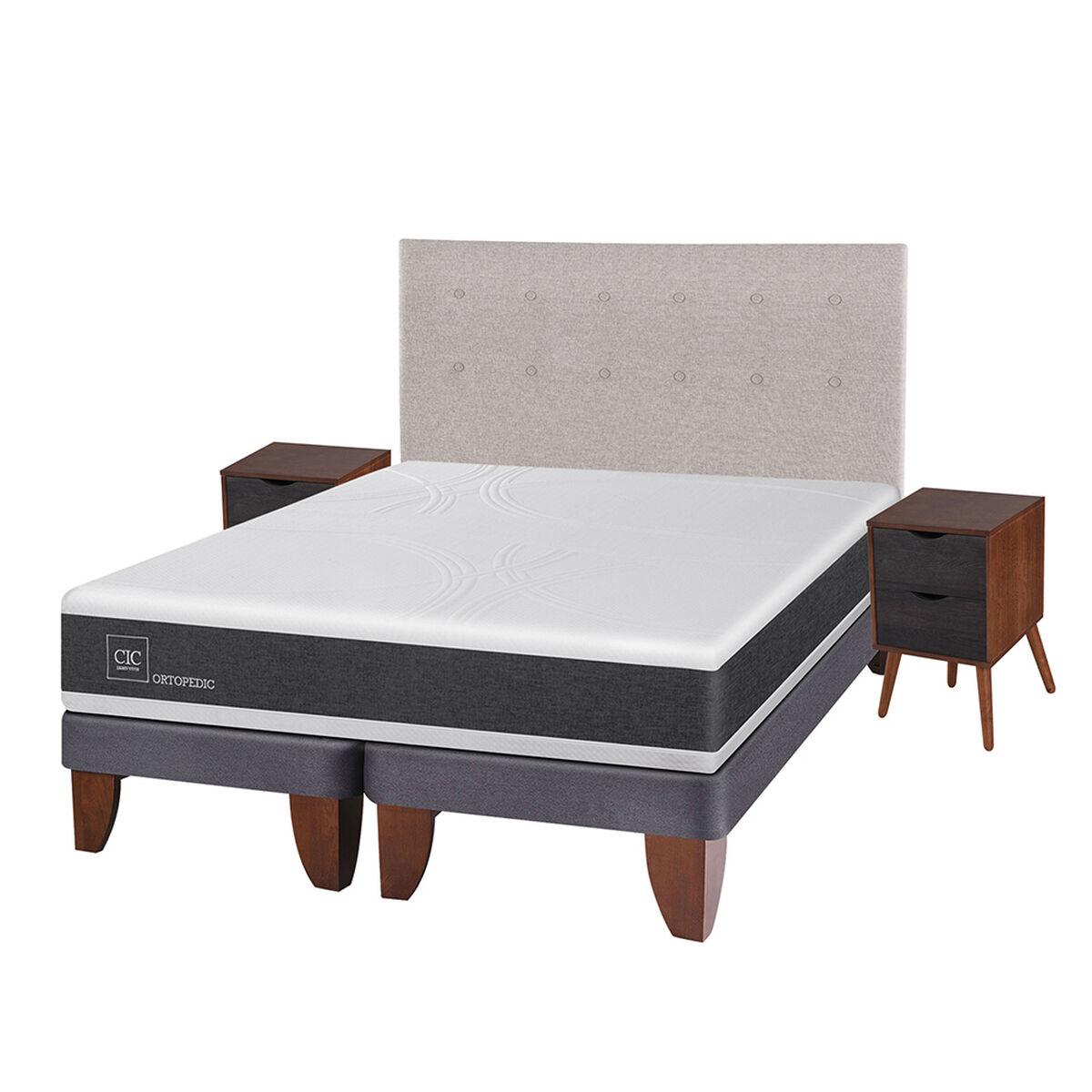 Cama Europea CIC Base Dividida 2 Plazas Ortopedic + Respaldo + 2 Veladores Tigris