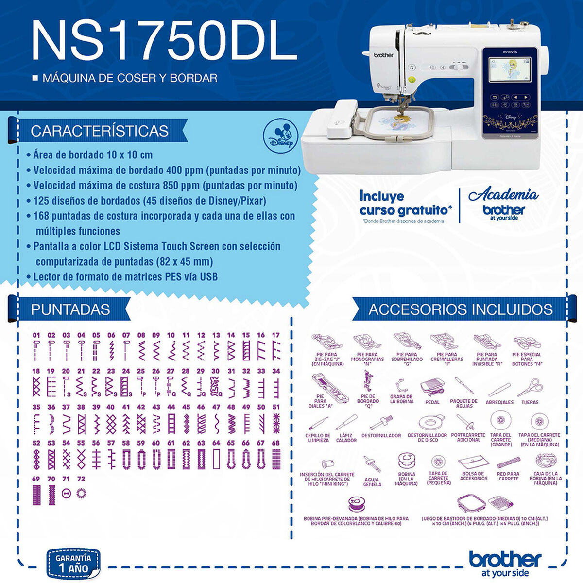 Máquina de Coser y Bordar Brother con Diseños Disney NS1750DL