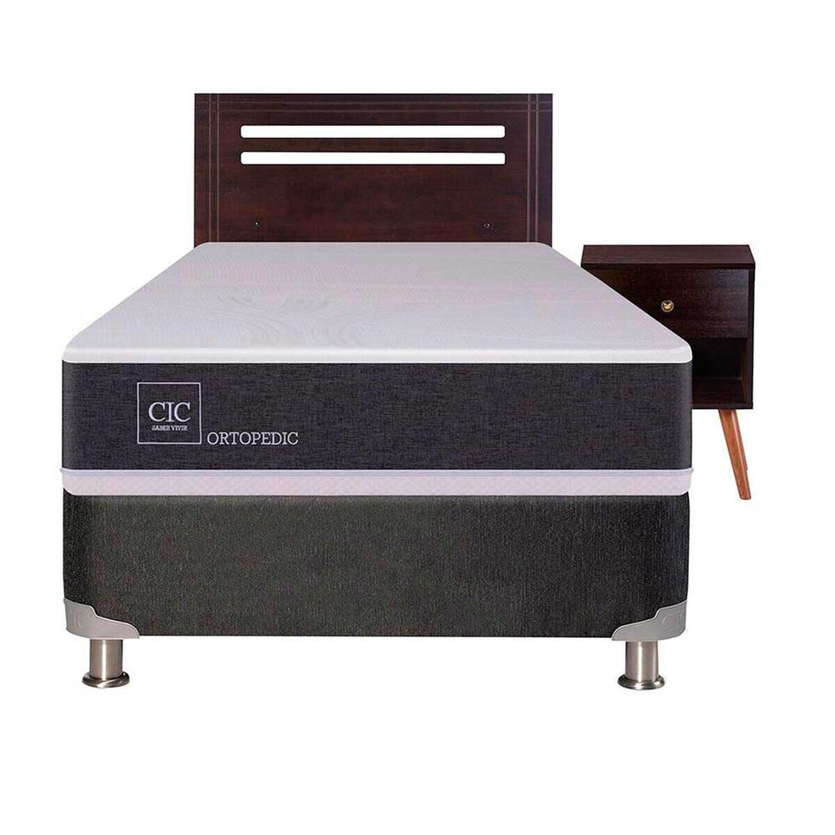 Box Spring CIC 1 Plaza New Ortopedic + Respaldo + Velador New Munich