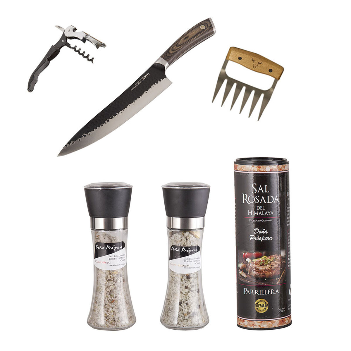 Set Parrillero Wayu Cuchillo + Garra de Oso + Sacacorchos Manual + Mix de Sales