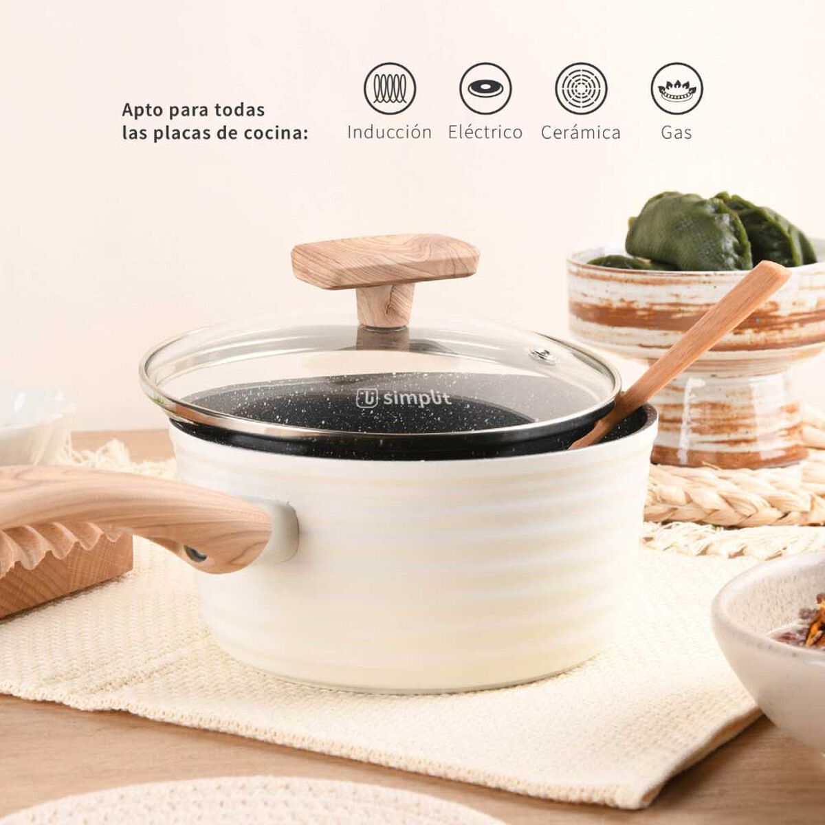 Batería de Cocina Aluminio Forjado Simplit 9 Piezas Crema + Set 12 Utensilios Calipso
