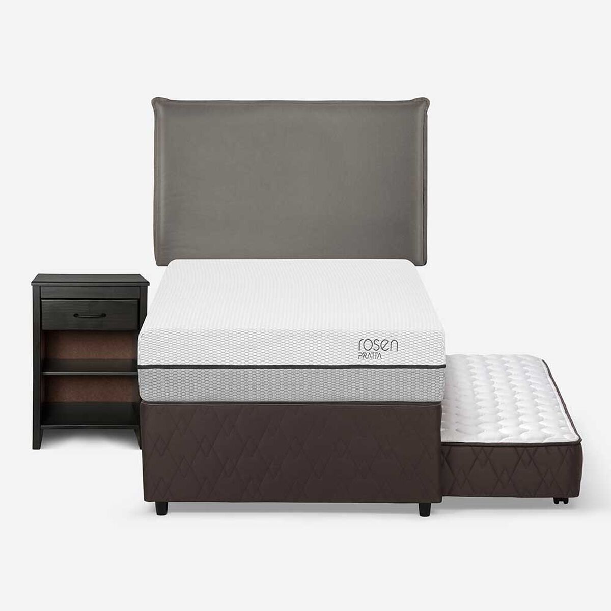 Cama Nido Rosen 1,5 Plazas Pratta + Respaldo + Velador Maurice Gris