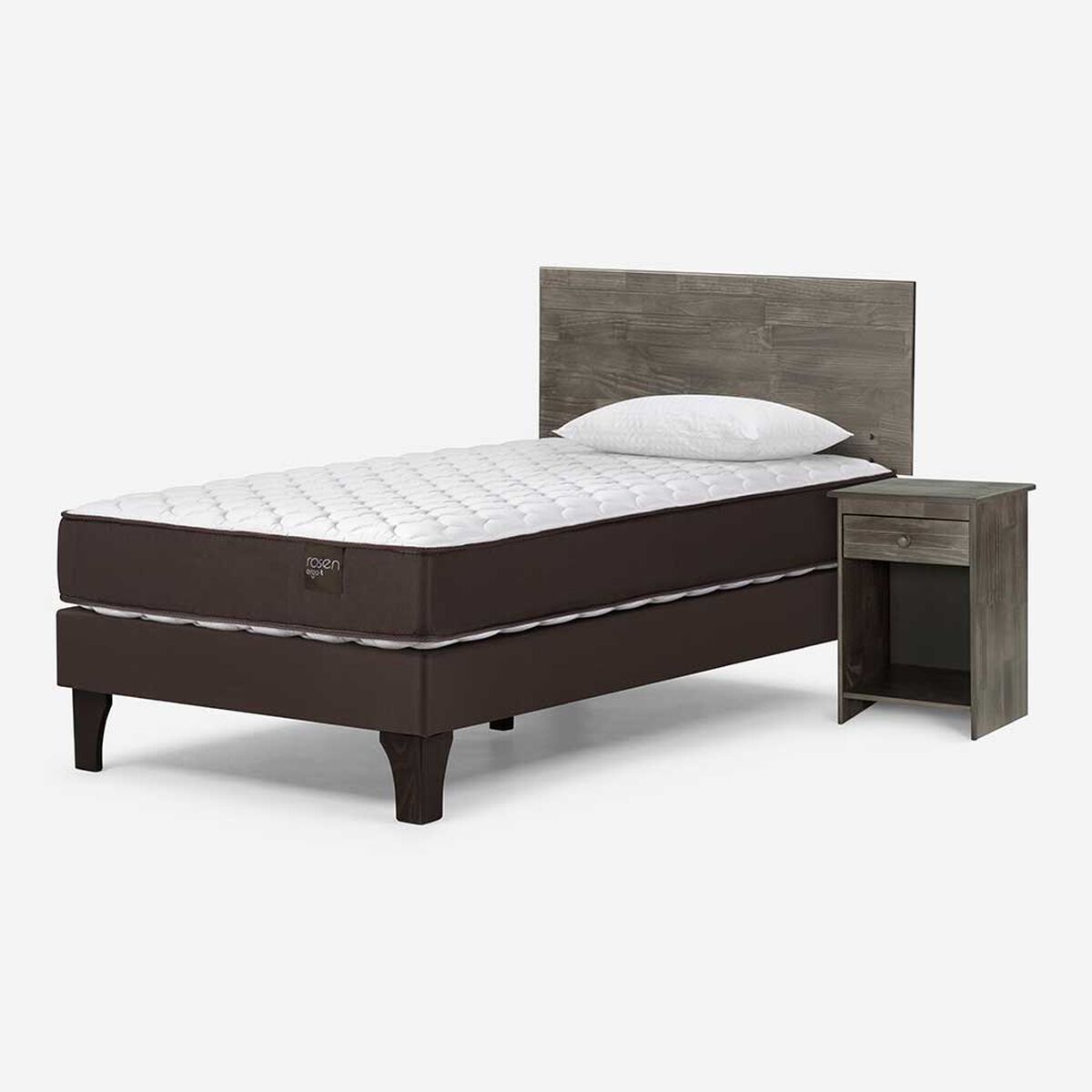 Cama Europea Rosen 1,5 Plazas Ergo T + Respaldo + Velador Tabor Grafito + Almohada Light Americana