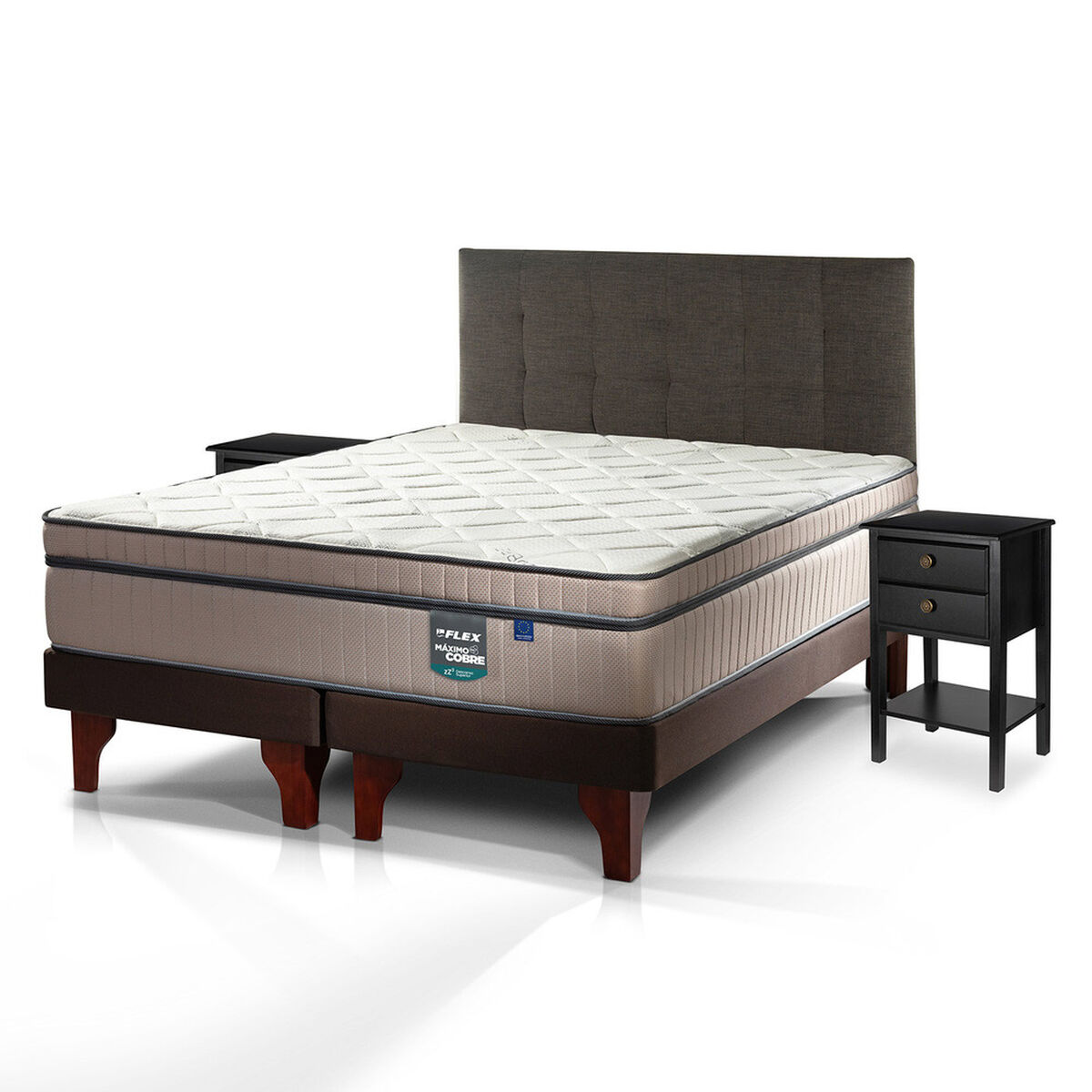 Cama Europea Flex Base Dividida S&uacute;per King M&aacute;ximo Cobre + Respaldo Design Grafito + 2 Veladores Rover