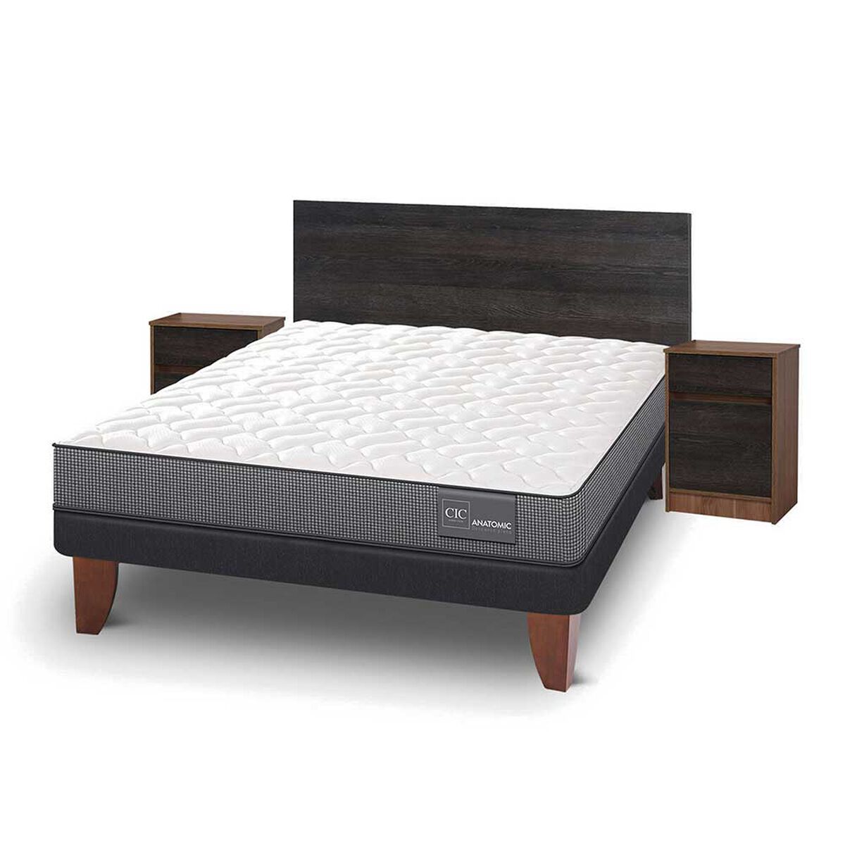 Cama Europea CIC 2 Plazas Anatomic + Respaldo + 2 Veladores Espresso