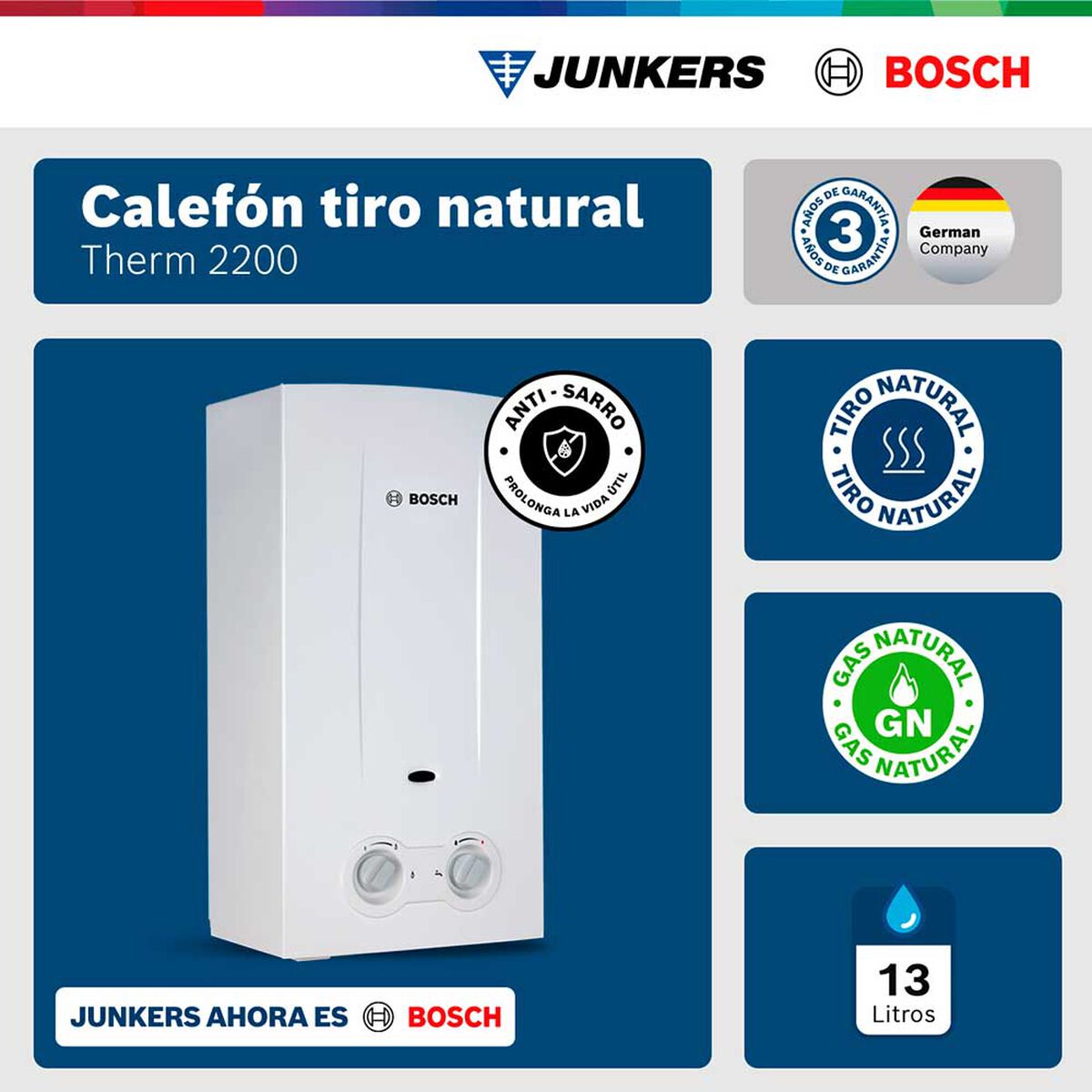 Calef&oacute;n 13 litros gas natural tiro natural Junkers Bosch Therm 2200