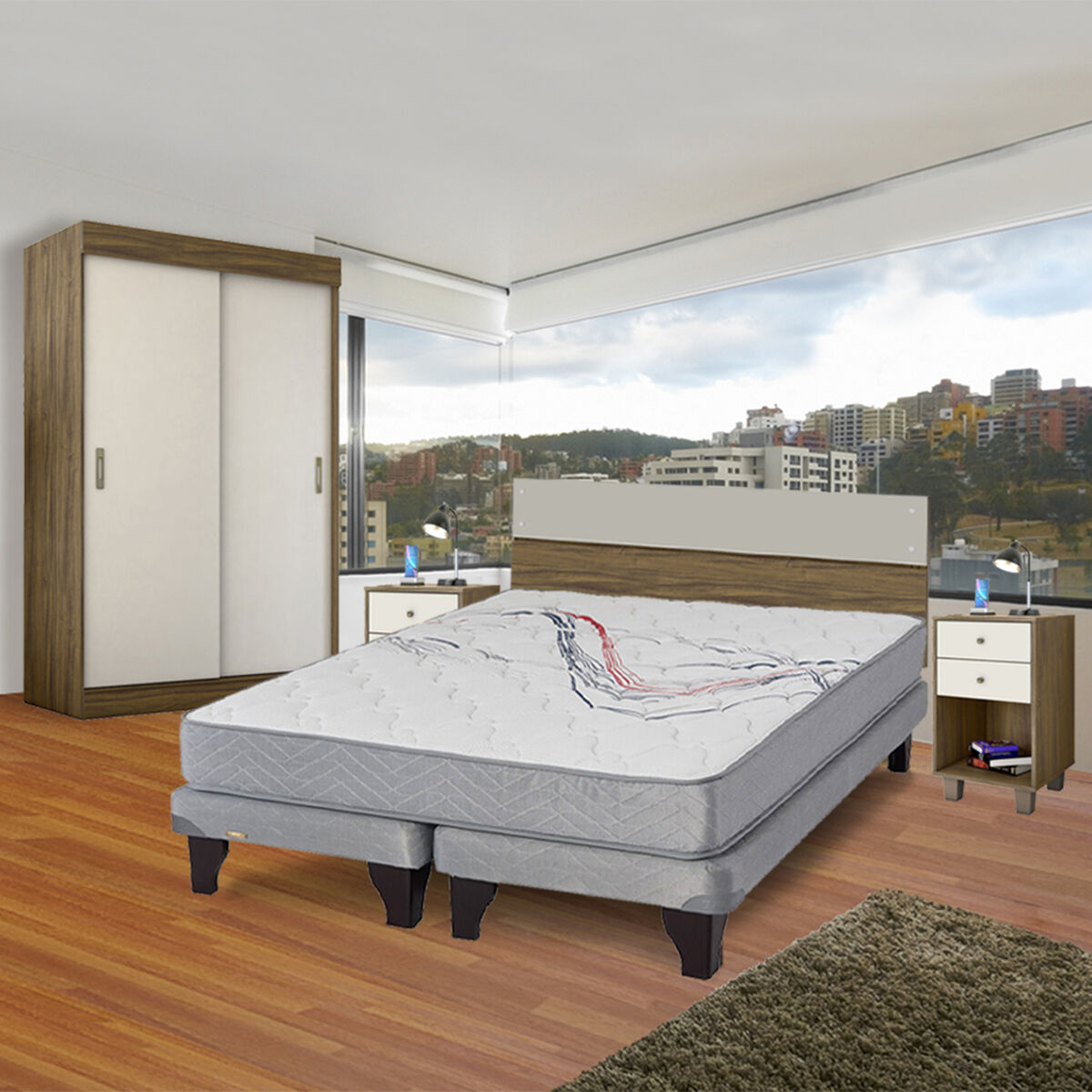 Combo Cama Europea Flex Base Dividida 2 Plazas Threrapedic Más Gris + Set Maderas Combinare Nogal + Clóset Bali Nogal 2 Puertas 2 Cajones