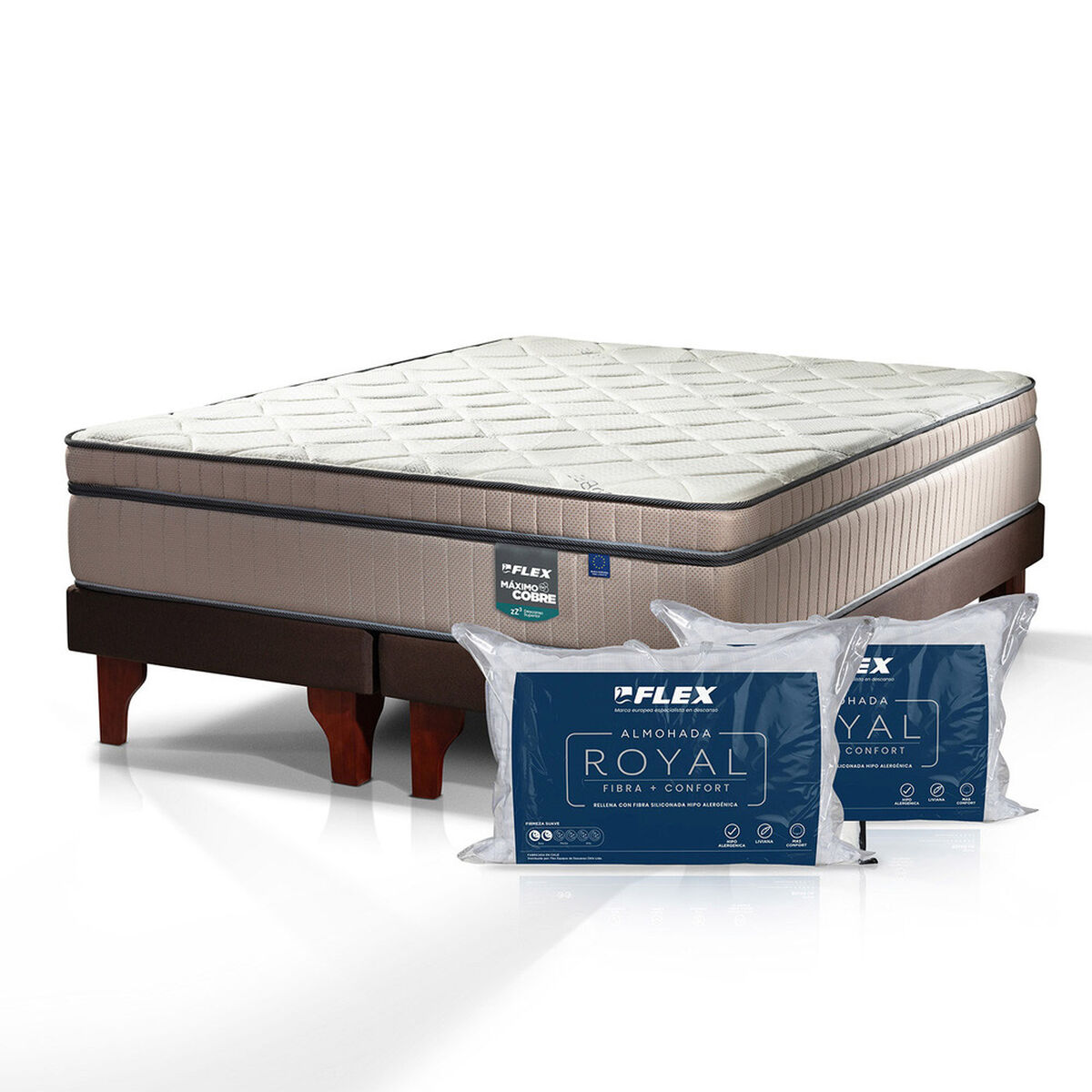 Cama Europea Flex 2 Plazas Maximo Cobre + 2 almohadas