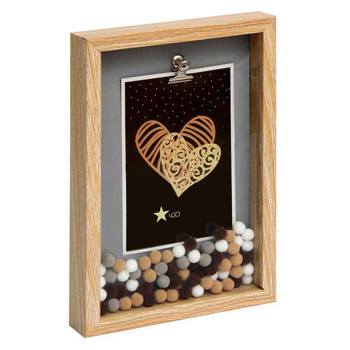 Marco Vgo Madera con Pinzas Pompones Caf&eacute; 15 x 20 cm